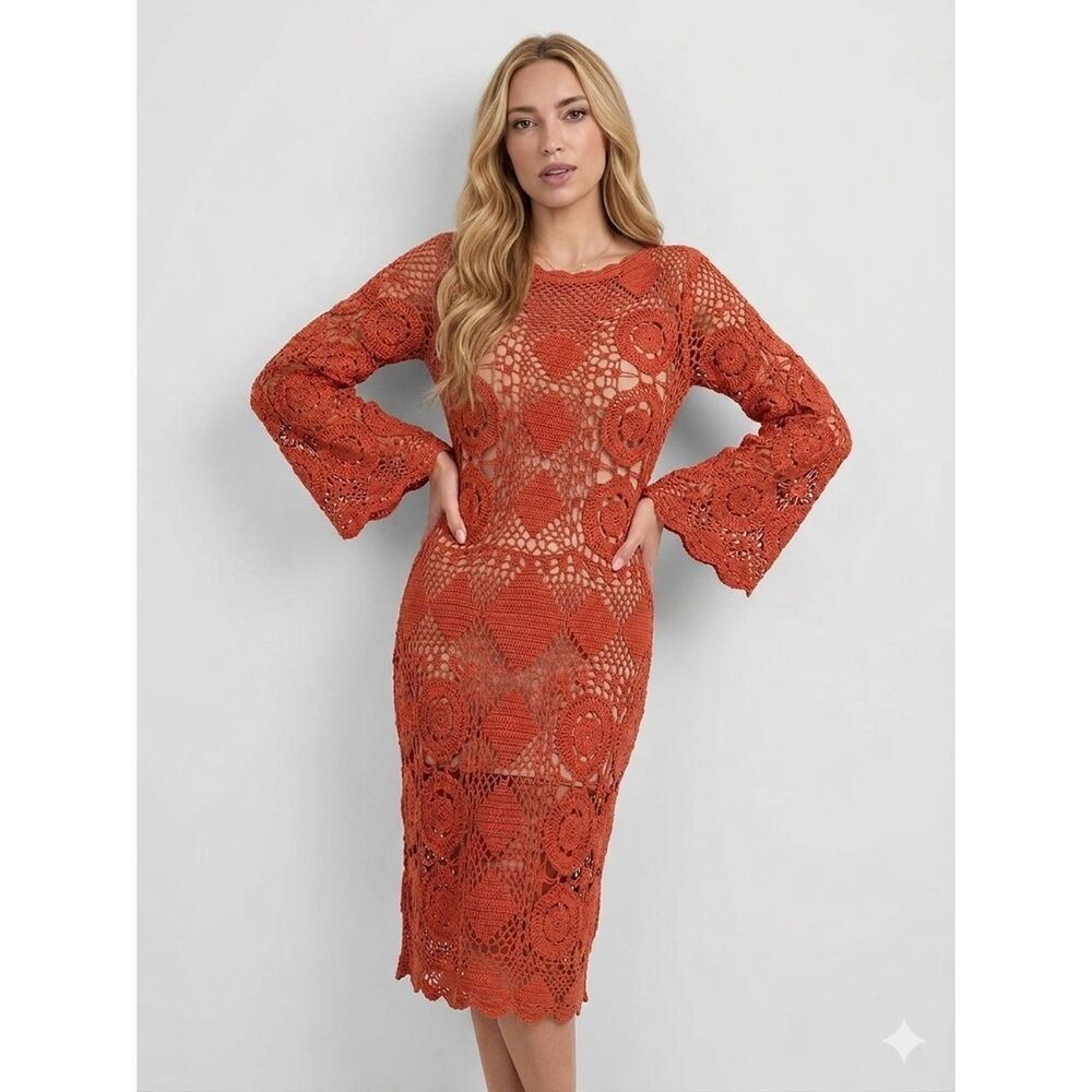 Trina Turk Vintage Inspired Orange Crochet Lace Midi Dress Festival Bell Sleeves